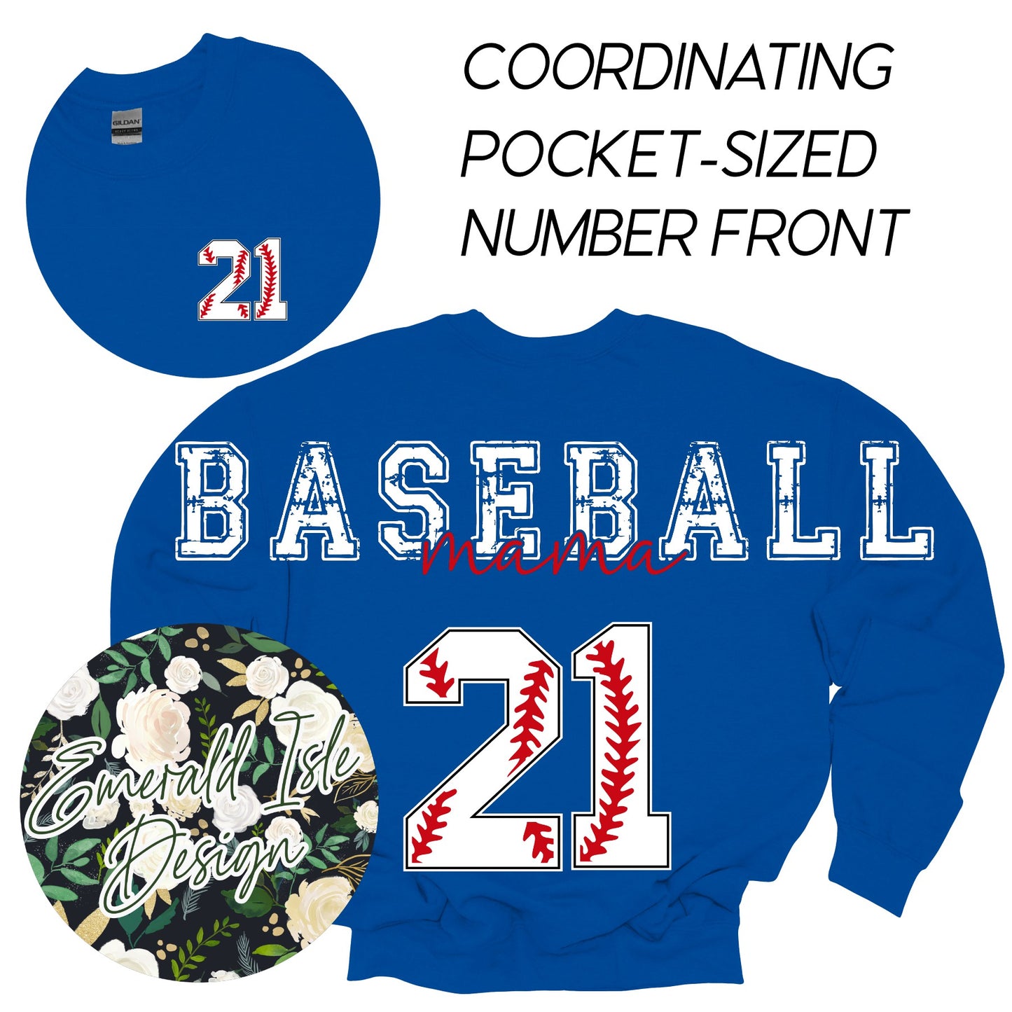 Custom Baseball Mama Oversized Horizontal Design with Coordinating Pocket-Sized Number Front on Crewnecks or Hoodies