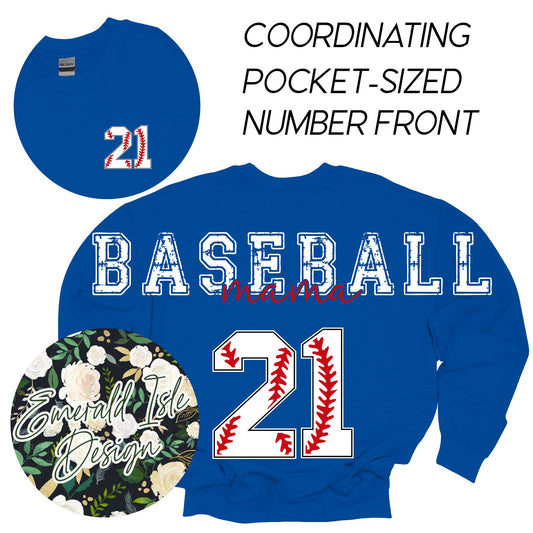Custom Baseball Mama Oversized Horizontal Design with Coordinating Pocket-Sized Number Front on Crewnecks or Hoodies