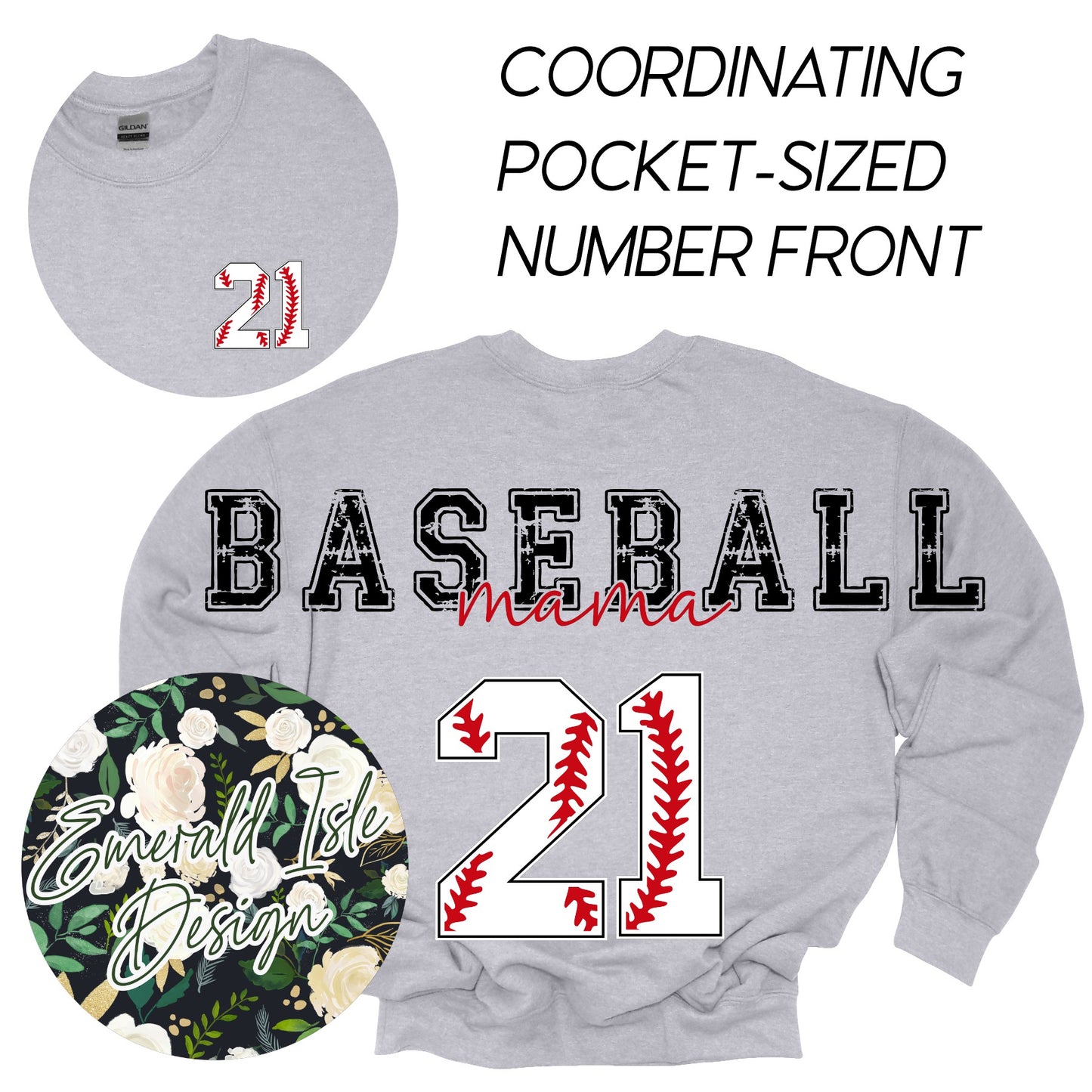 Custom Baseball Mama Oversized Horizontal Design with Coordinating Pocket-Sized Number Front on Crewnecks or Hoodies