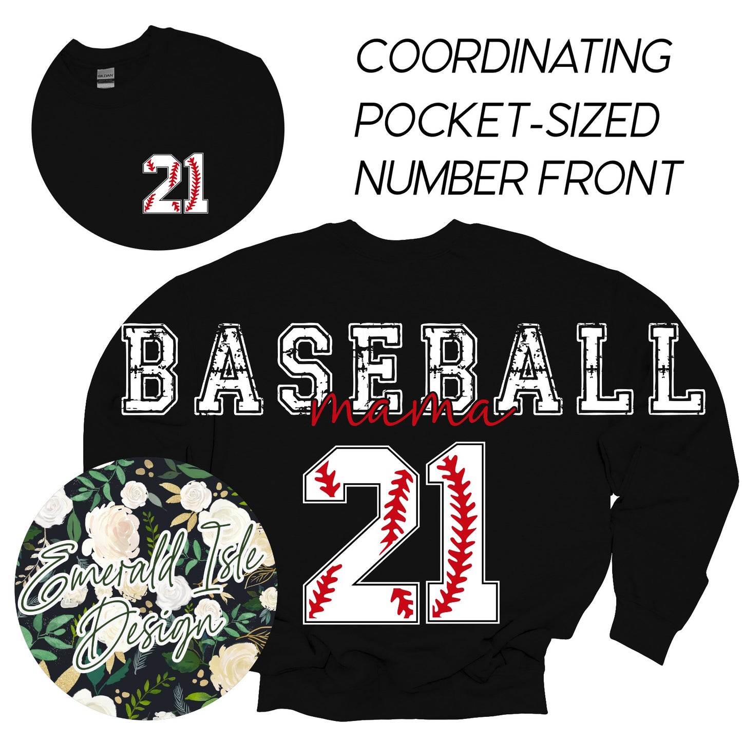 Custom Baseball Mama Oversized Horizontal Design with Coordinating Pocket-Sized Number Front on Crewnecks or Hoodies