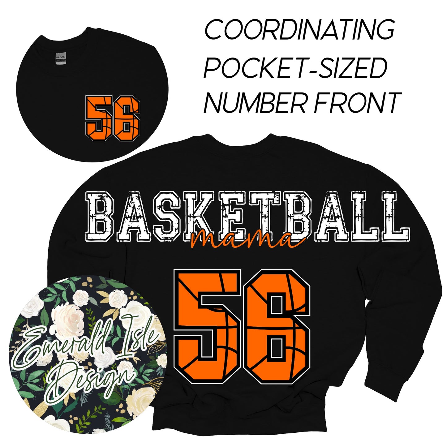 Custom Basketball Mama Oversized Horizontal Design with Coordinating Pocket-Sized Number Front on Crewnecks or Hoodies