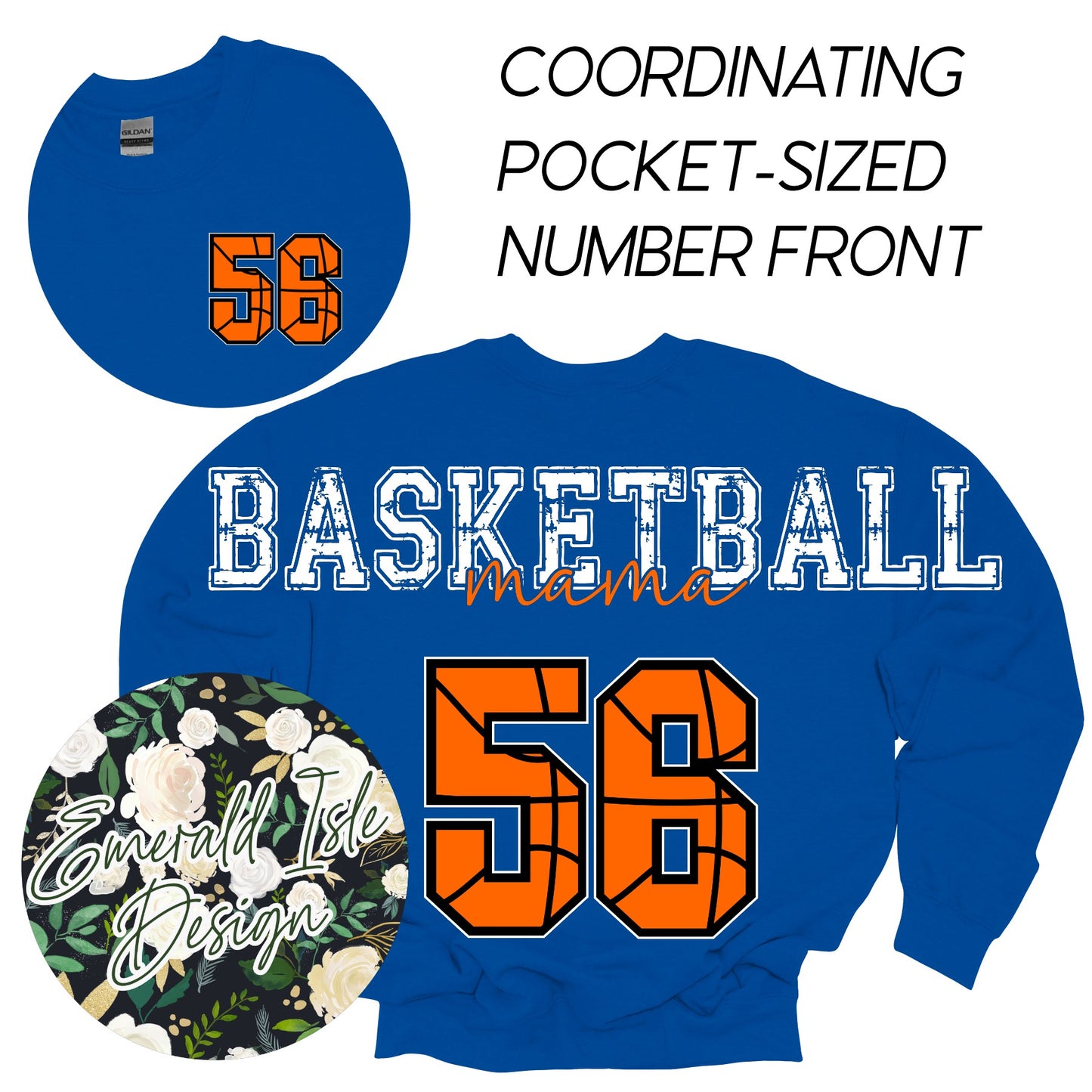 Custom Basketball Mama Oversized Horizontal Design with Coordinating Pocket-Sized Number Front on Crewnecks or Hoodies