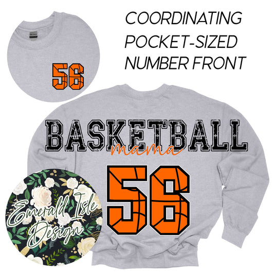 Custom Basketball Mama Oversized Horizontal Design with Coordinating Pocket-Sized Number Front on Crewnecks or Hoodies