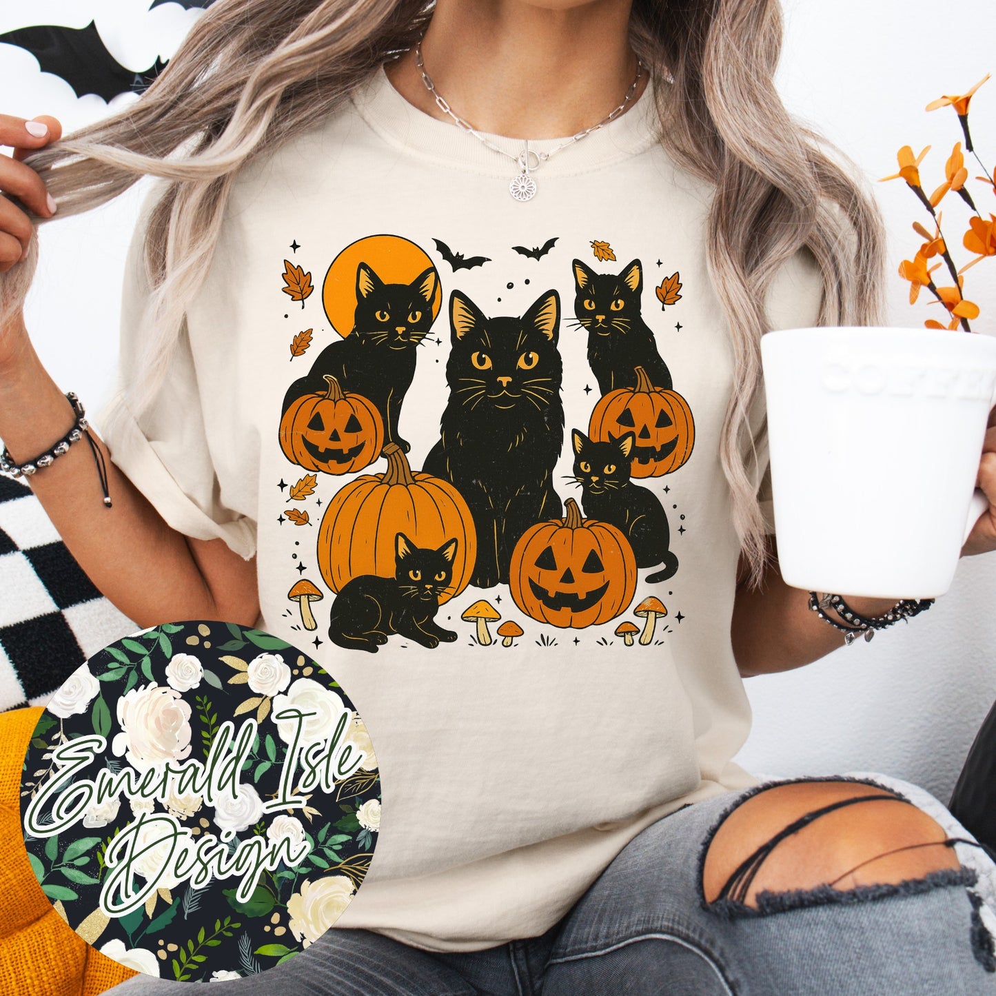 Vintage Black Cats and Pumpkins Design