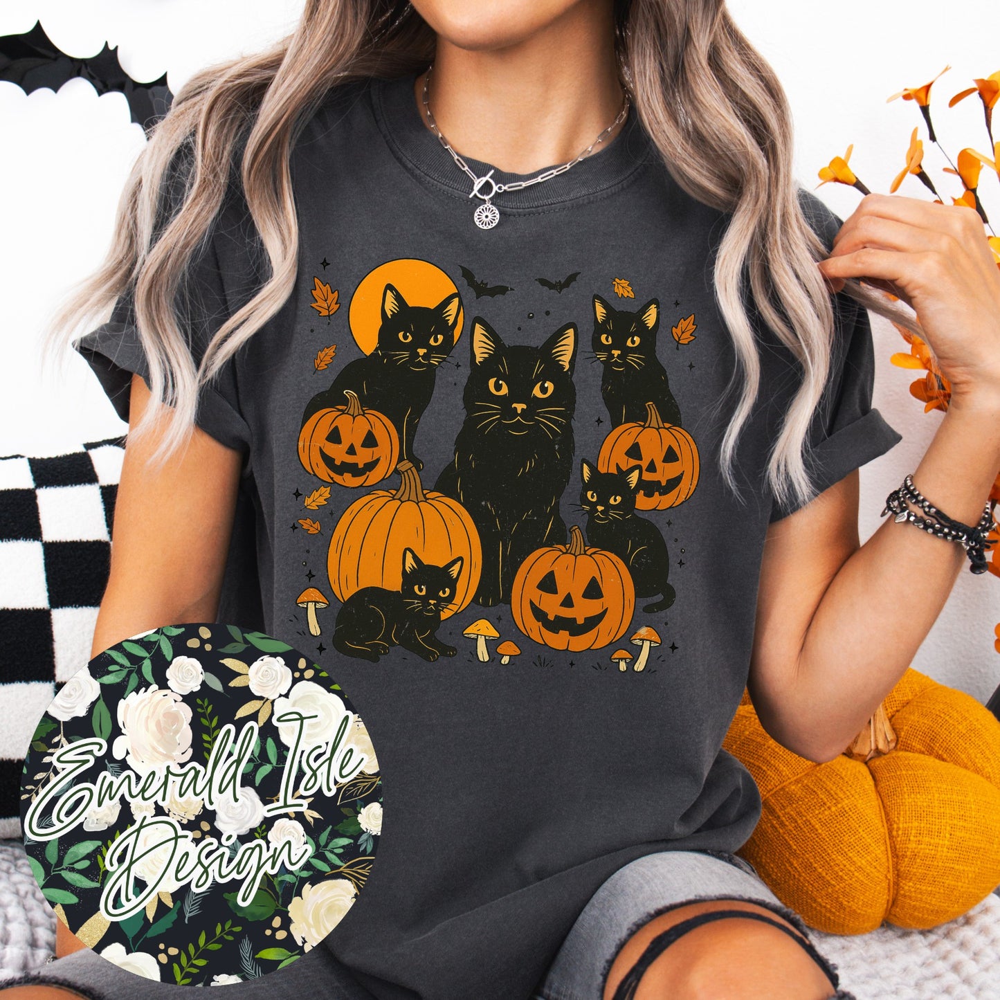 Vintage Black Cats and Pumpkins Design