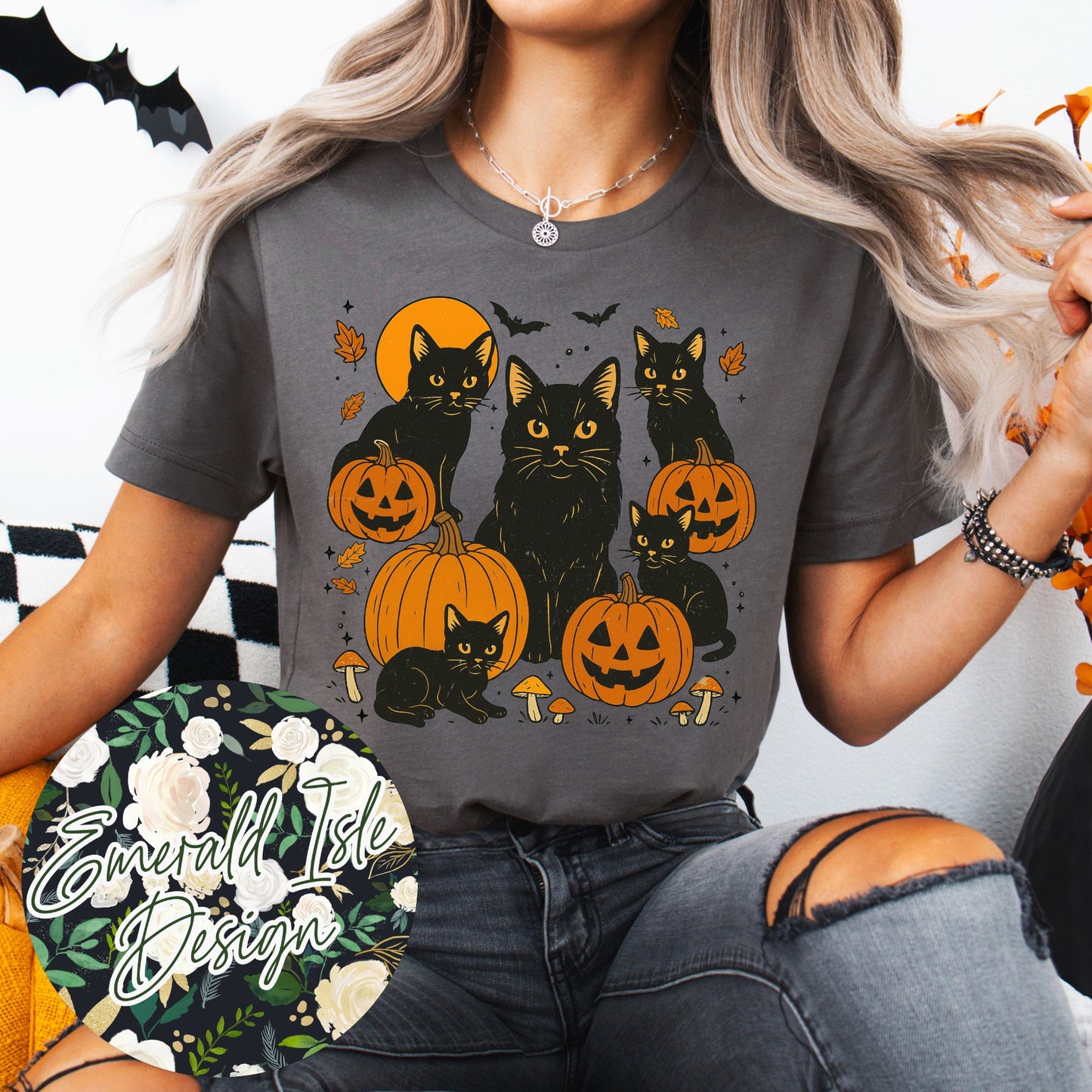 Vintage Black Cats and Pumpkins Design