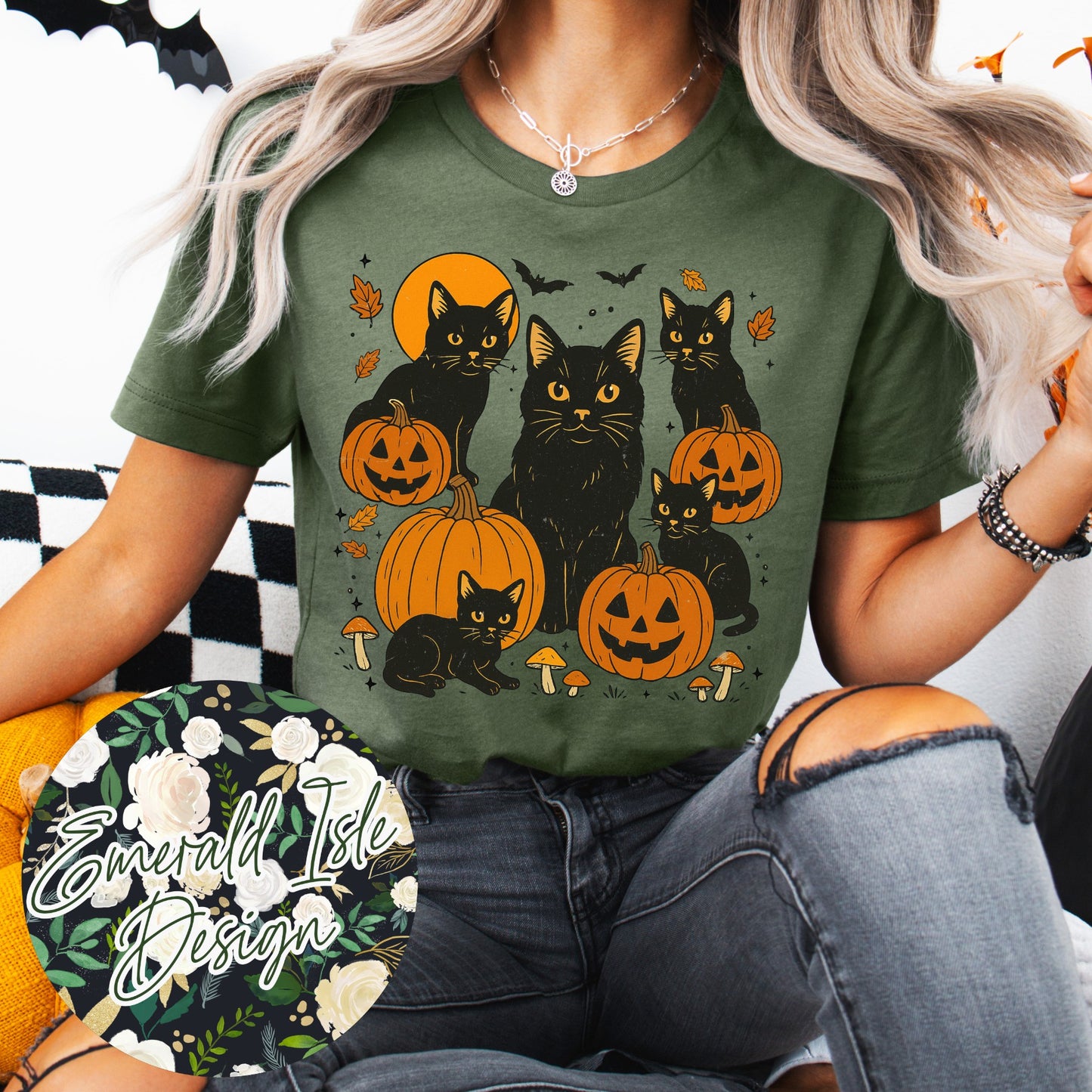 Vintage Black Cats and Pumpkins Design