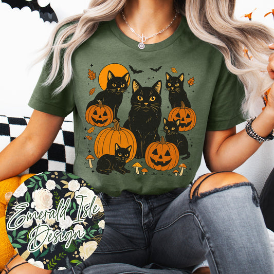 Vintage Black Cats and Pumpkins Design