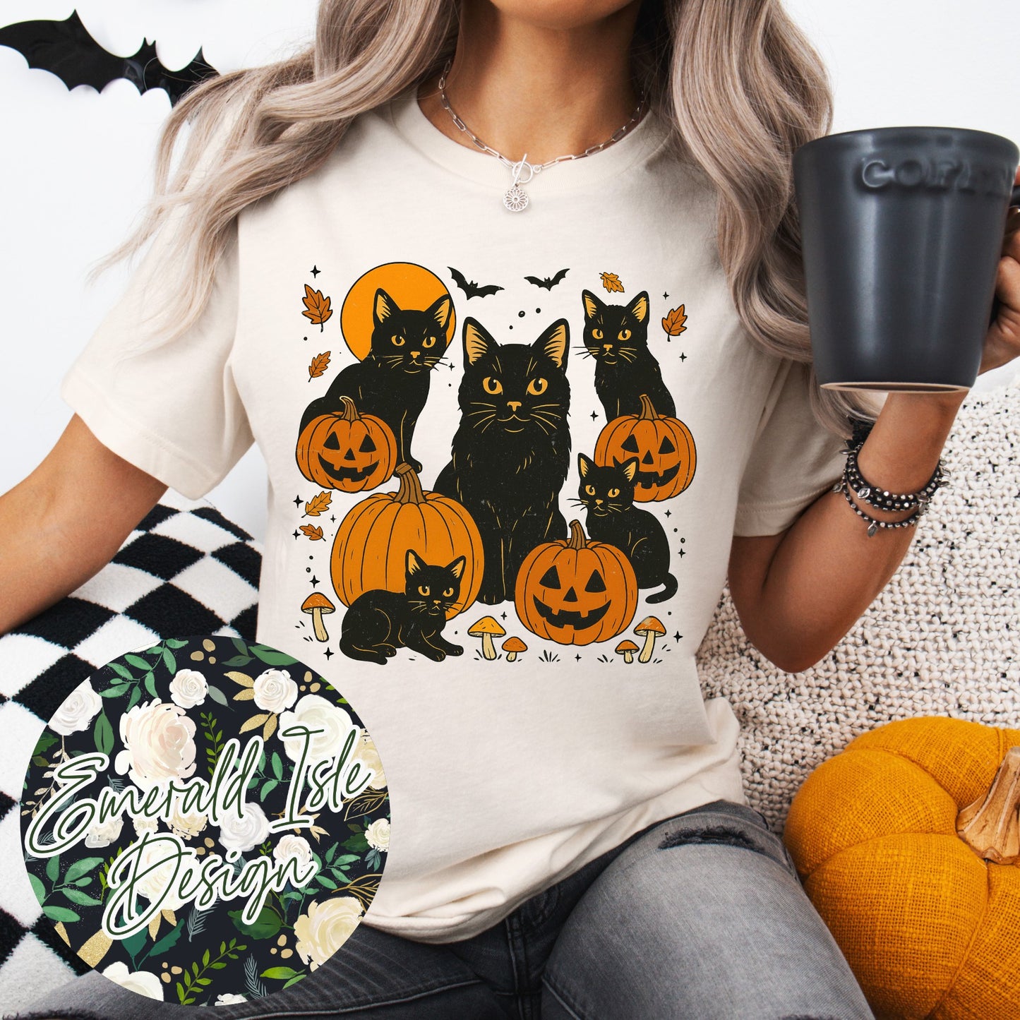 Vintage Black Cats and Pumpkins Design