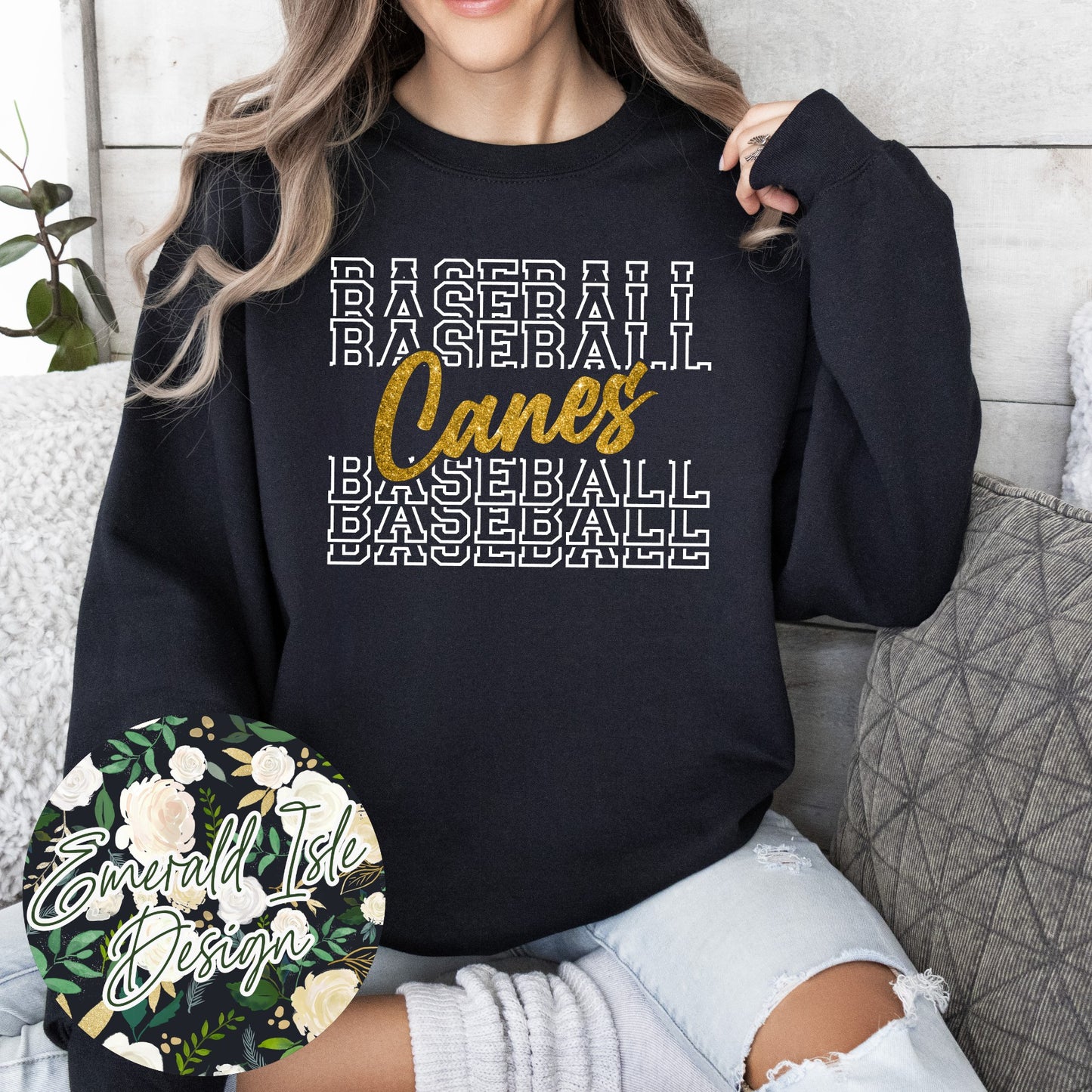 Canes Baseball Repeat Metallic Puff or Glitter Design
