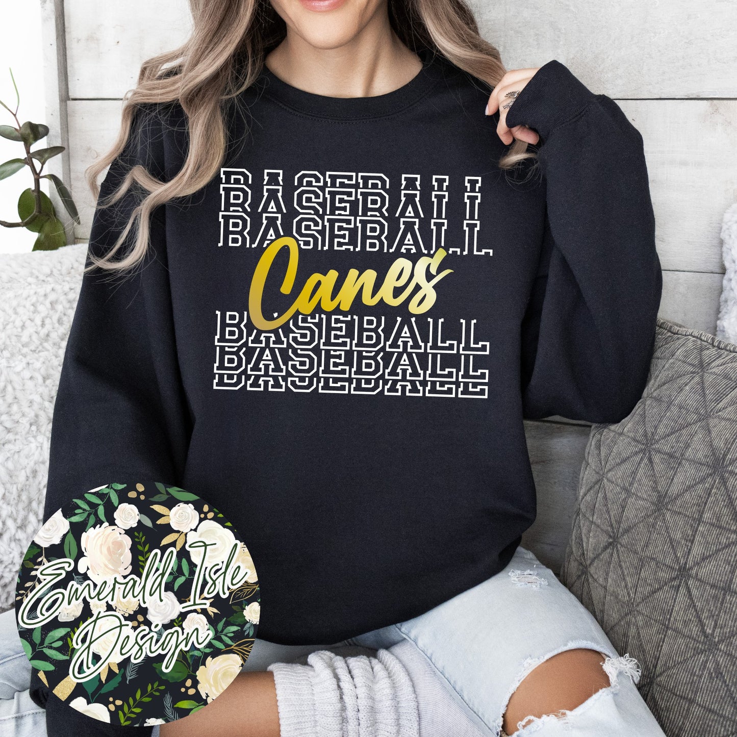 Canes Baseball Repeat Metallic Puff or Glitter Design