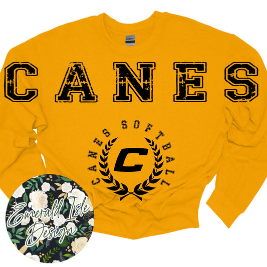 Canes SOFTBALL Oversized Horizontal Design on Crewneck Sweatshirt