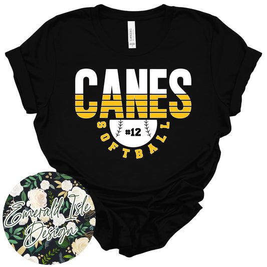 Canes Spliced Softball Design with CUSTOM NUMBER