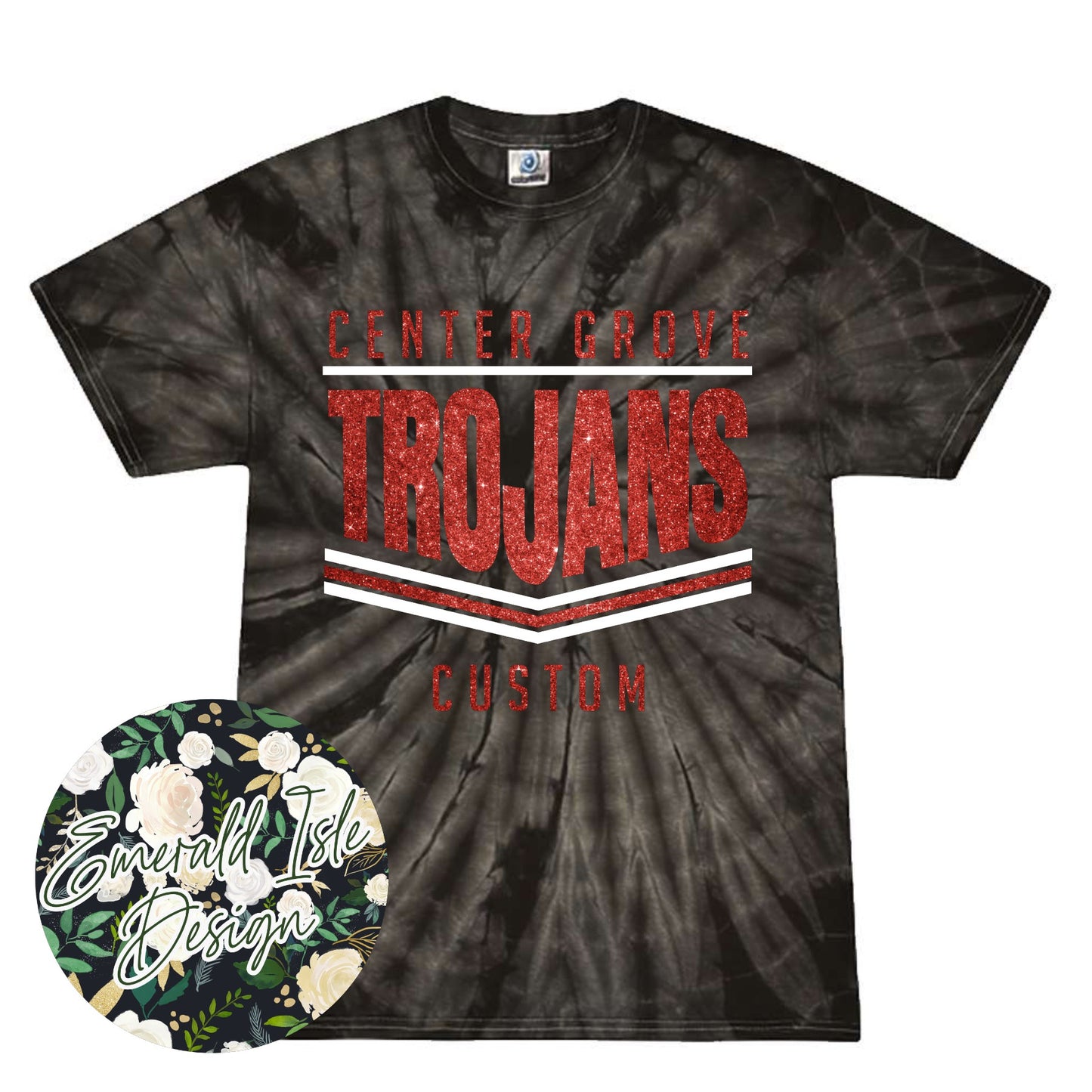 Center Grove Trojans Glitter Stripes Design on Tie Dye with Option for Custom Word at the Bottom