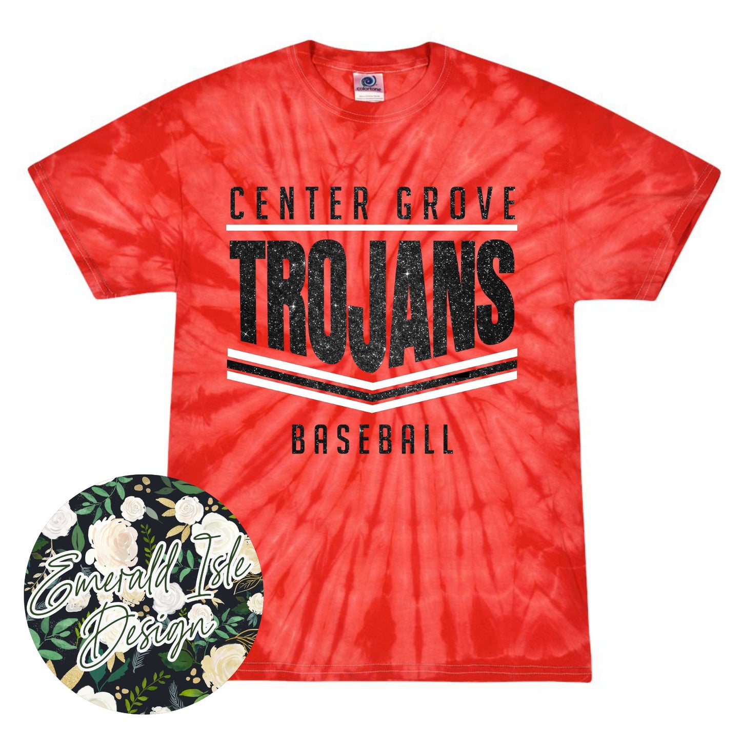 Center Grove Trojans Glitter Stripes Design on Tie Dye with Option for Custom Word at the Bottom