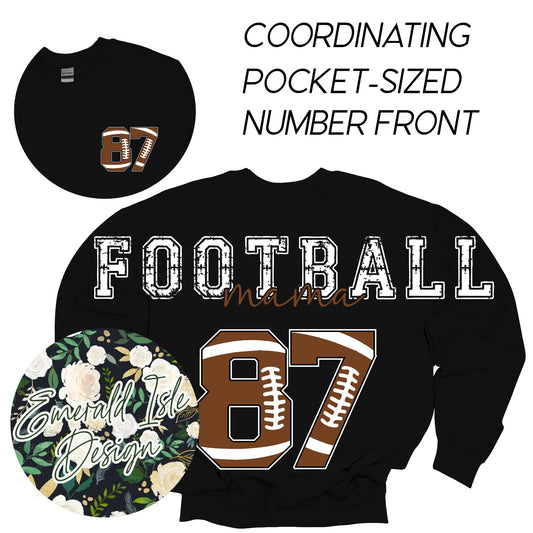 Custom Football Mama Oversized Horizontal Design with Coordinating Pocket-Sized Number Front on Crewnecks or Hoodies