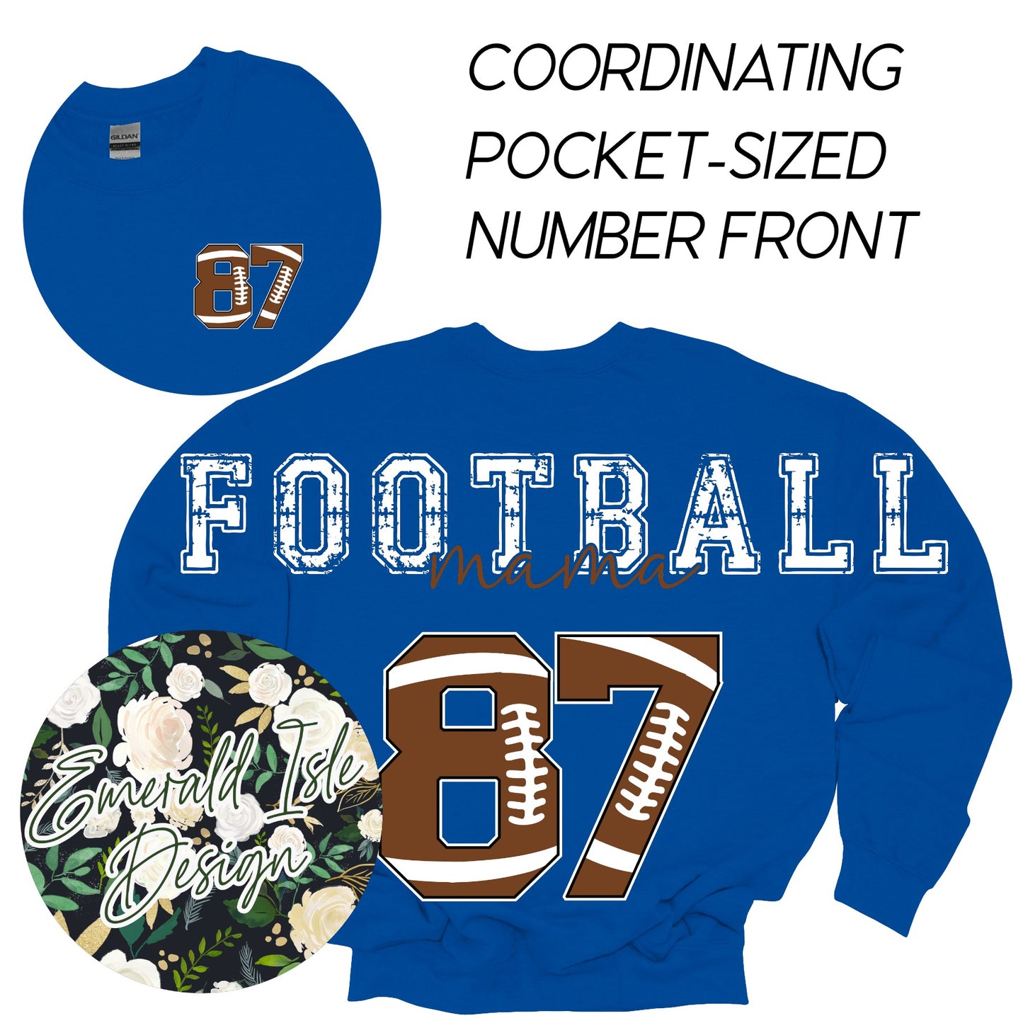 Custom Football Mama Oversized Horizontal Design with Coordinating Pocket-Sized Number Front on Crewnecks or Hoodies