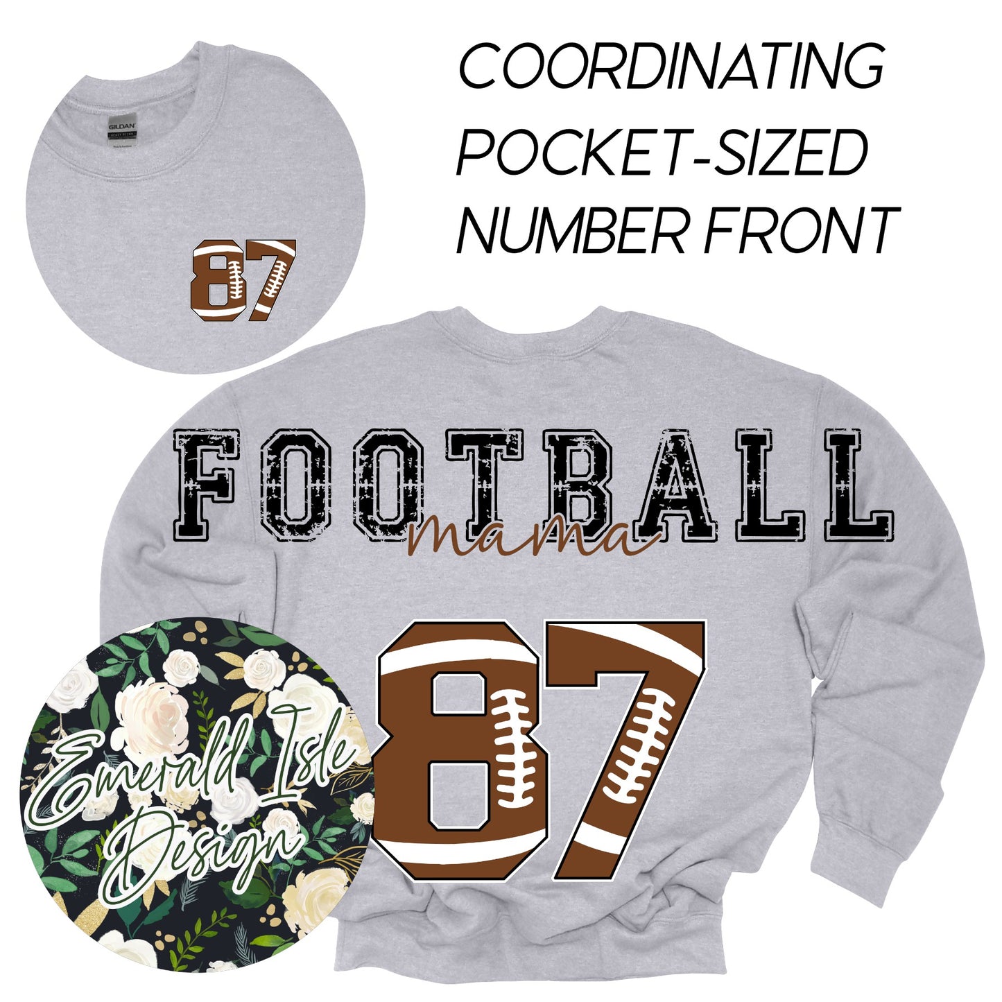 Custom Football Mama Oversized Horizontal Design with Coordinating Pocket-Sized Number Front on Crewnecks or Hoodies