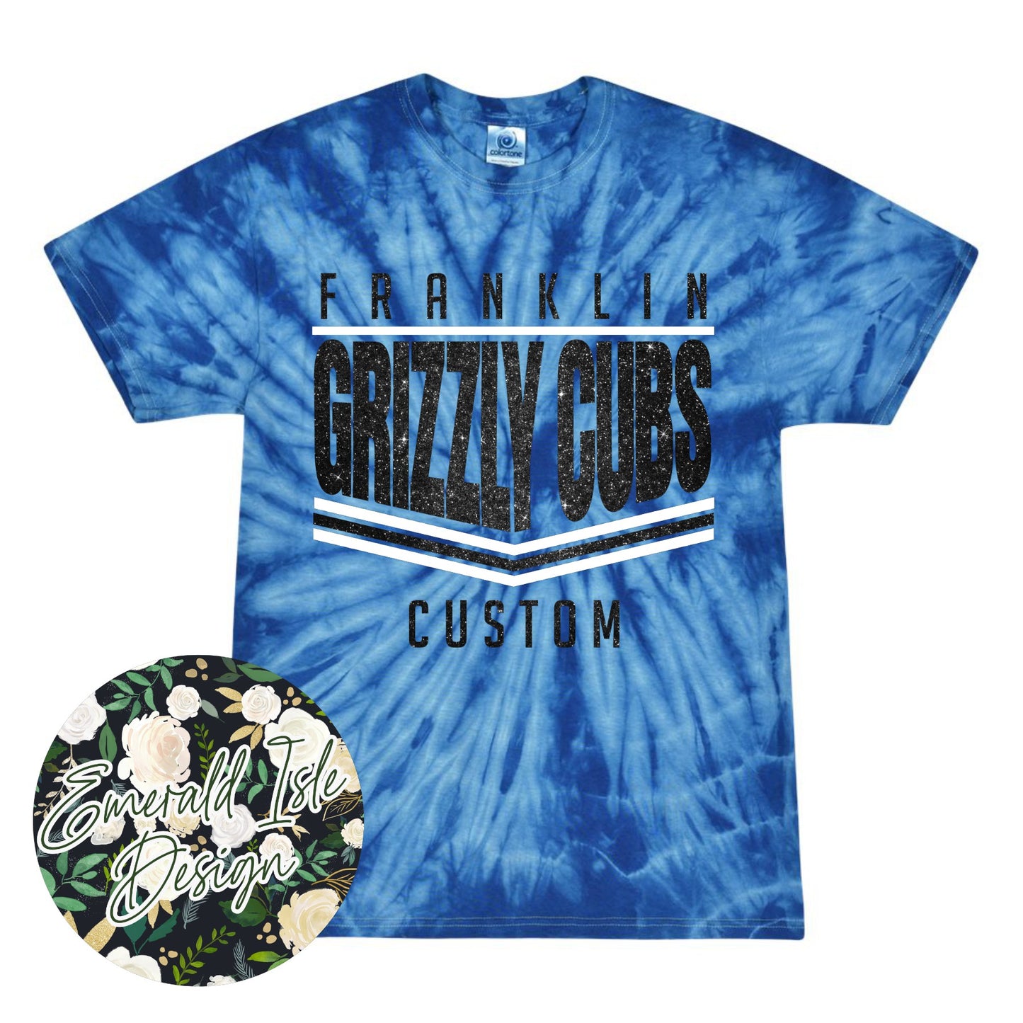 Franklin Grizzly Cubs Glitter Stripes Design on Tie Dye with Option for Custom Word at the Bottom