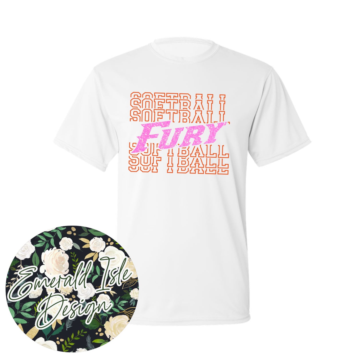 Fury Softball Repeat Design with Option of Glitter or Metallic Puff On Augusta Performance Apparel
