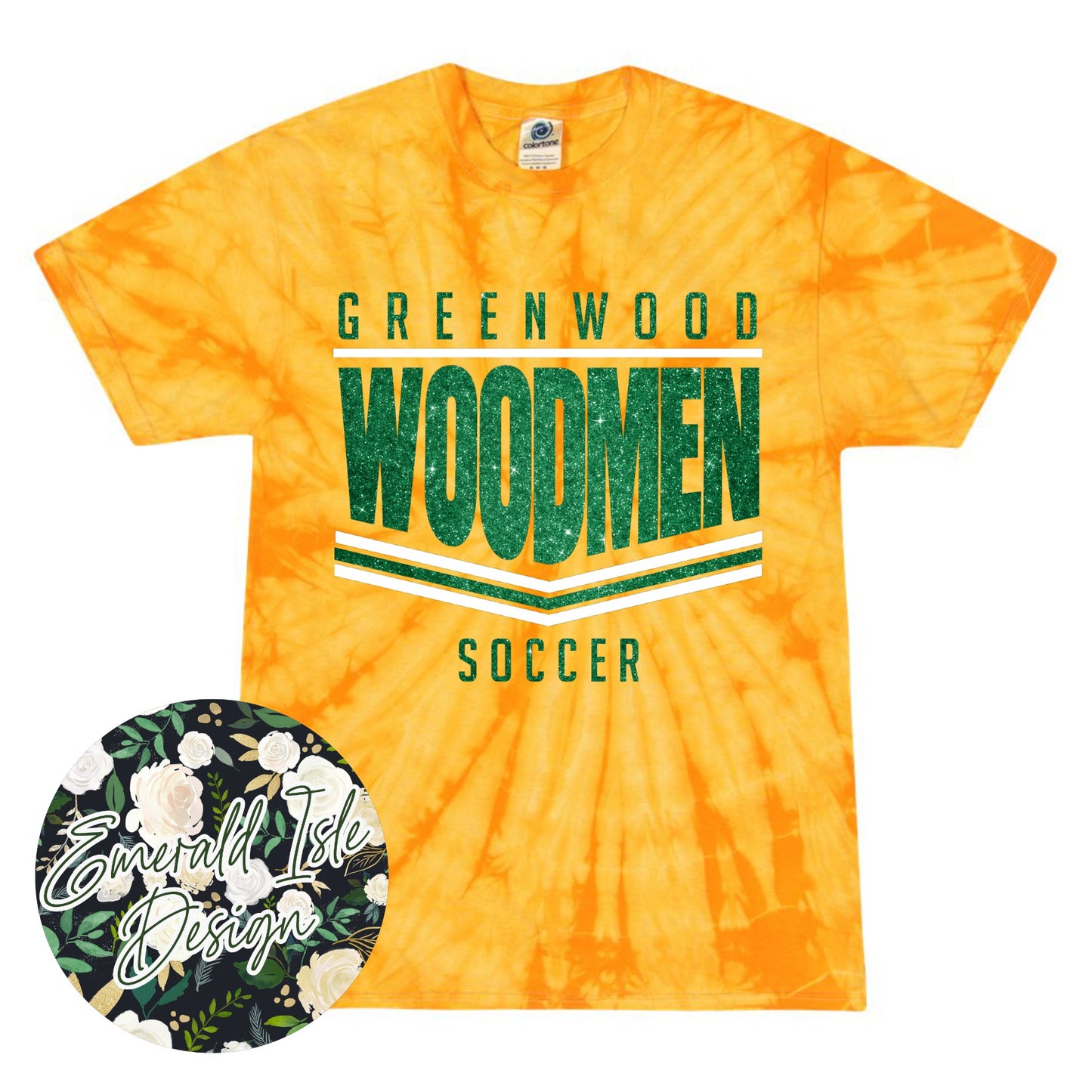 Greenwood Woodmen Glitter Stripes Design on Tie Dye with Option for Custom Word at the Bottom