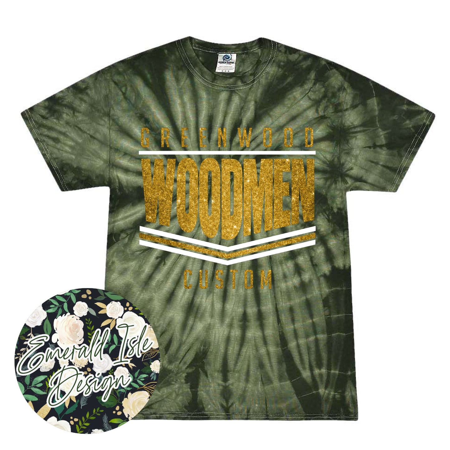 Greenwood Woodmen Glitter Stripes Design on Tie Dye with Option for Custom Word at the Bottom