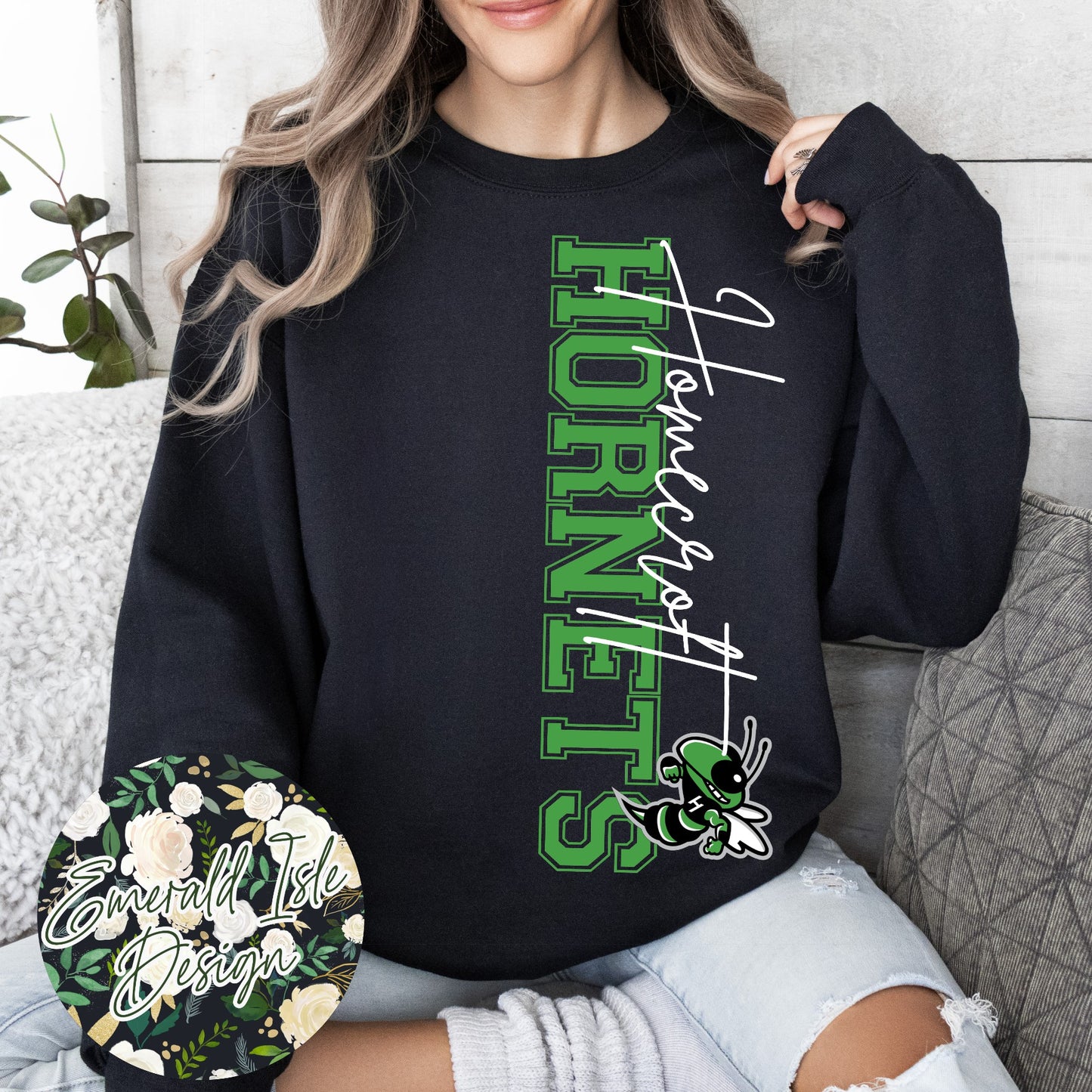 Homecroft Hornets OVERSIZED Vertical Varsity Design Crewneck Sweatshirt