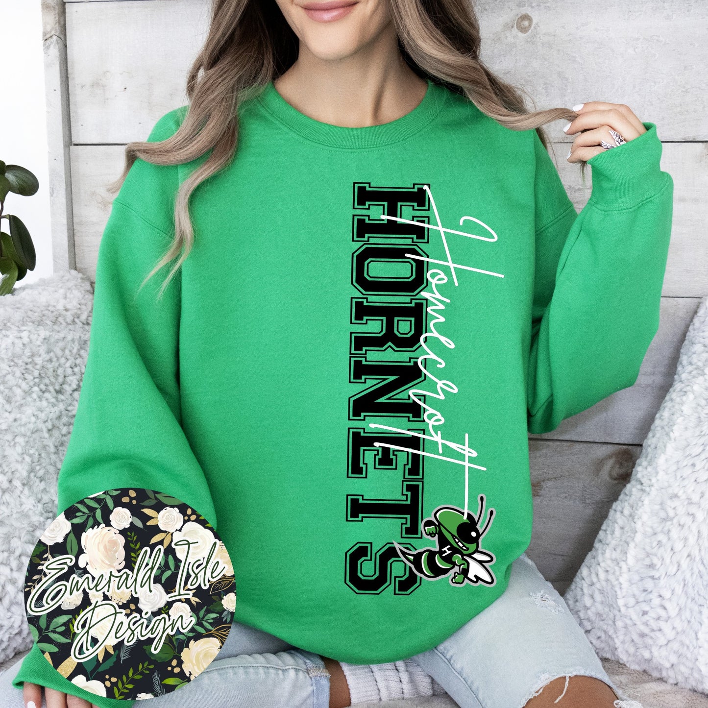 Homecroft Hornets OVERSIZED Vertical Varsity Design Crewneck Sweatshirt