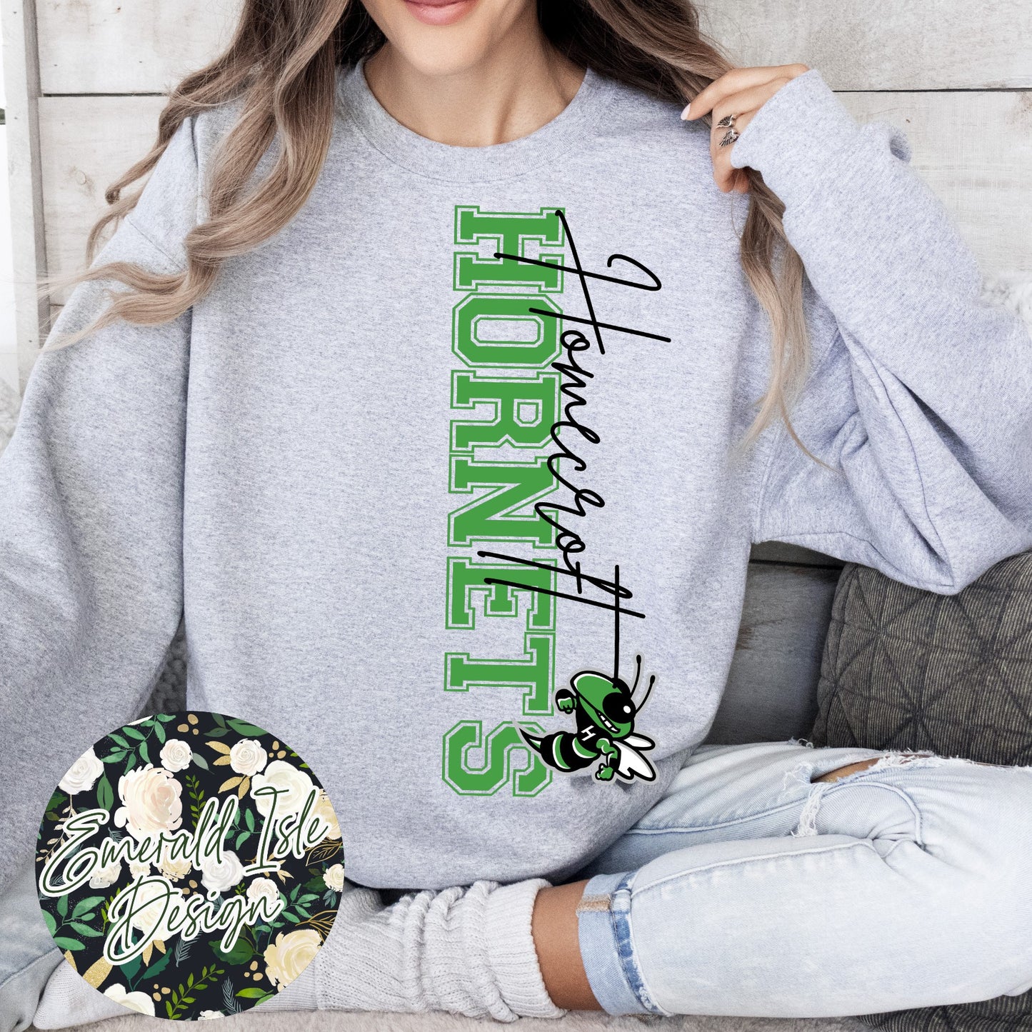 Homecroft Hornets OVERSIZED Vertical Varsity Design Crewneck Sweatshirt