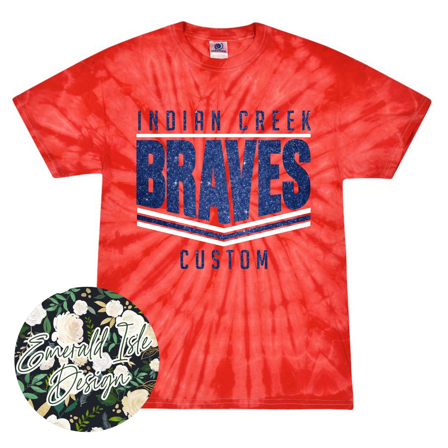 Indian Creek Braves Glitter Stripes Design on Tie Dye with Option for Custom Word at the Bottom