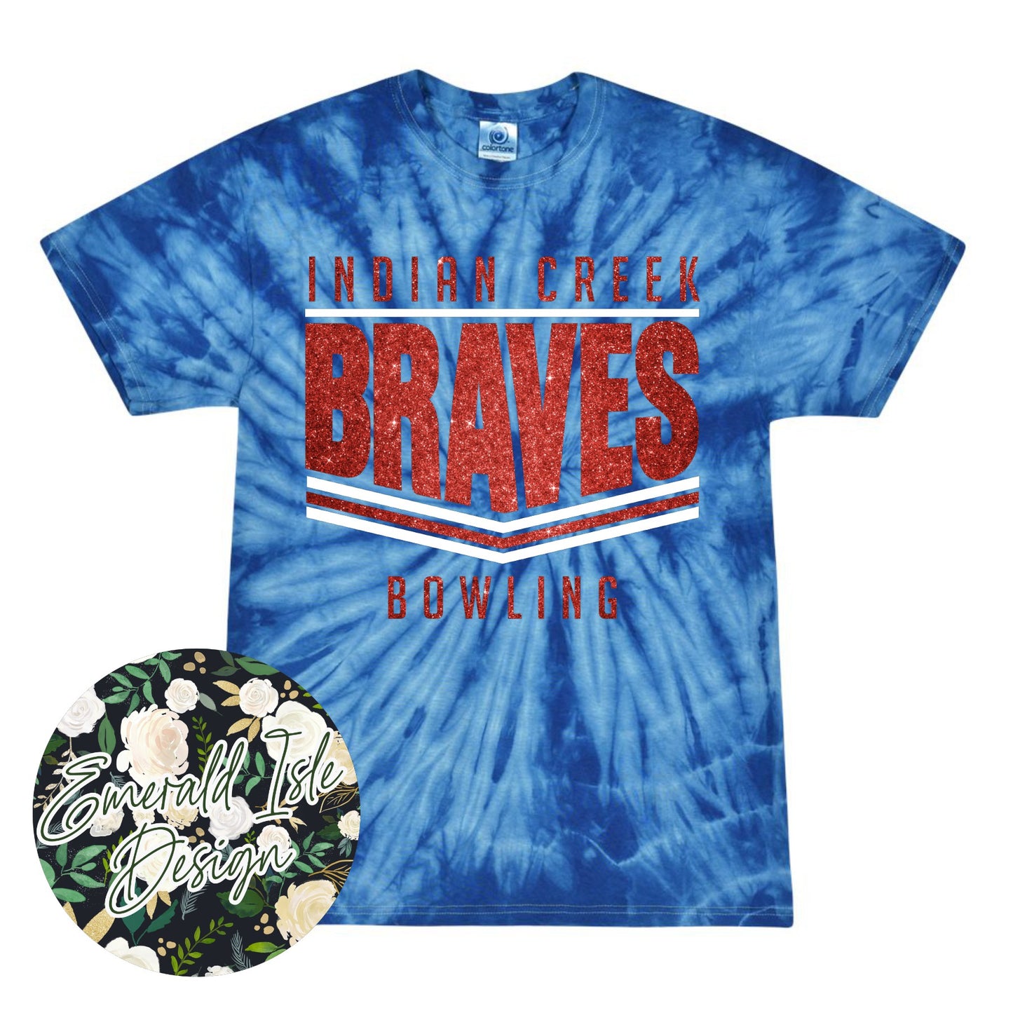 Indian Creek Braves Glitter Stripes Design on Tie Dye with Option for Custom Word at the Bottom