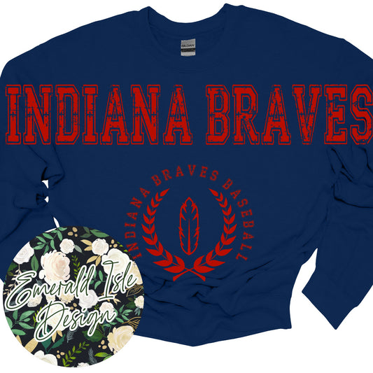 Indiana Braves Baseball Oversized Horizontal Design on Crewneck Sweatshirt