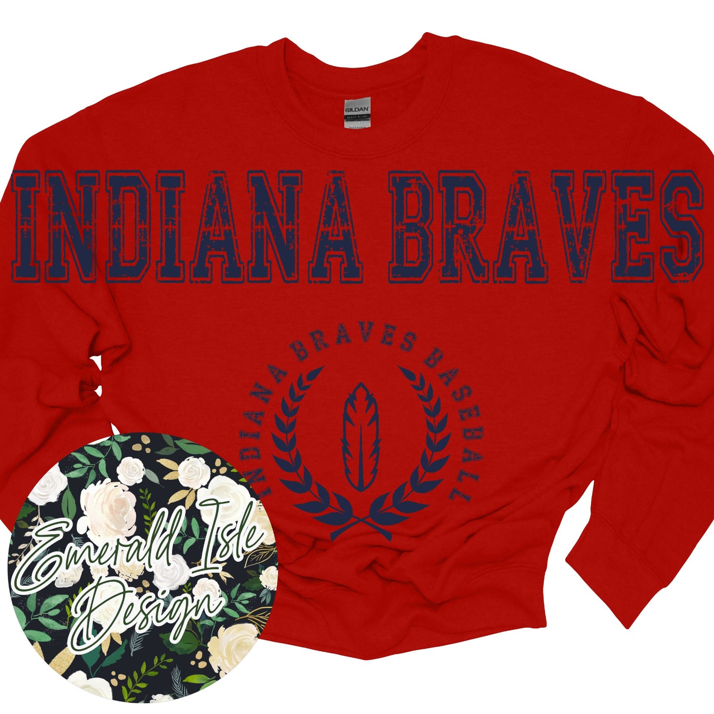 Indiana Braves Baseball Oversized Horizontal Design on Crewneck Sweatshirt