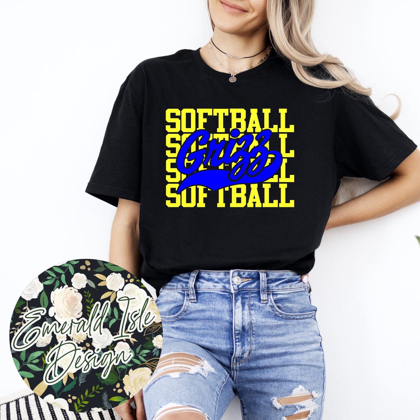 Lady Grizz Softball Repeat Design With Options for Flat, Glitter, And Metallic Puff