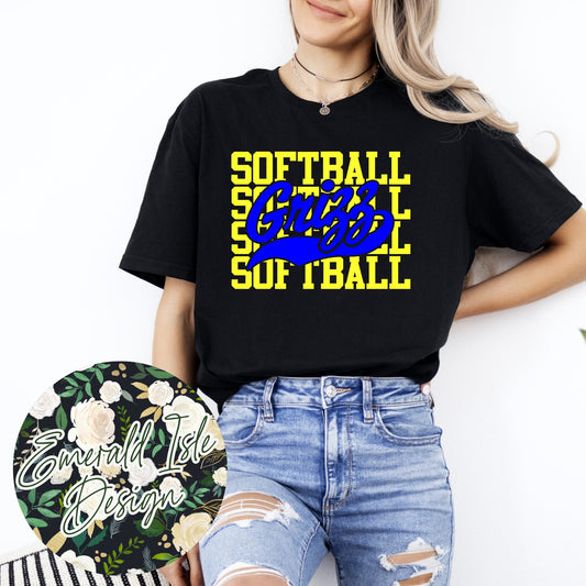 Lady Grizz Softball Repeat Design With Options for Flat, Glitter, And Metallic Puff