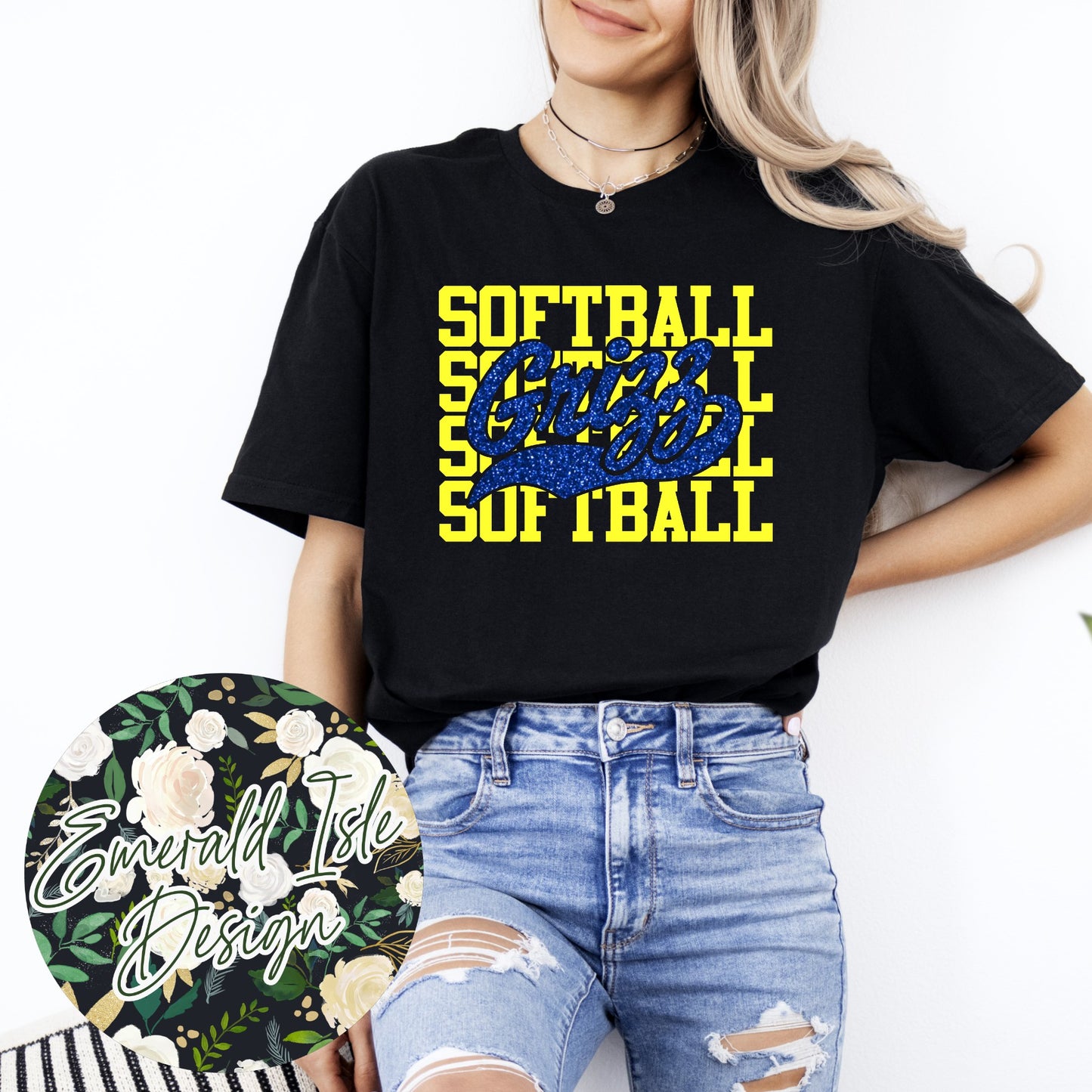 Lady Grizz Softball Repeat Design With Options for Flat, Glitter, And Metallic Puff