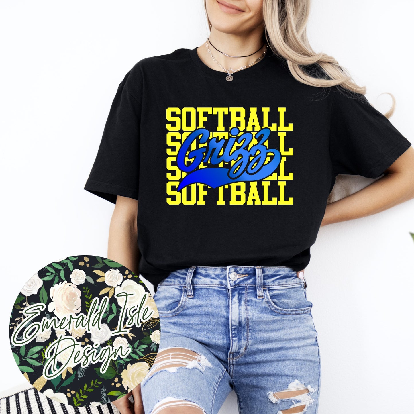 Lady Grizz Softball Repeat Design With Options for Flat, Glitter, And Metallic Puff