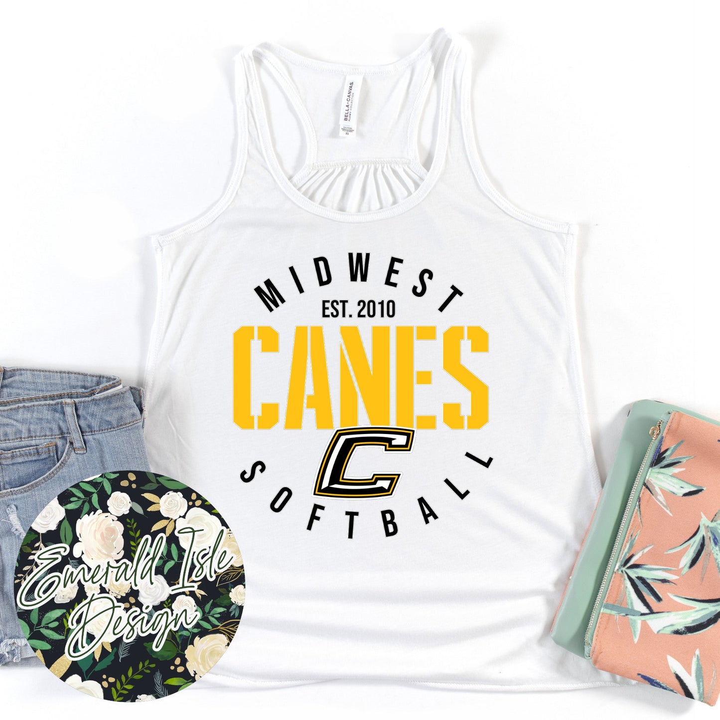 Midwest Canes **Softball** Est. 2010 Design Ladies Racerback Tank