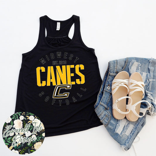 Midwest Canes **Softball** Est. 2010 Design Ladies Racerback Tank