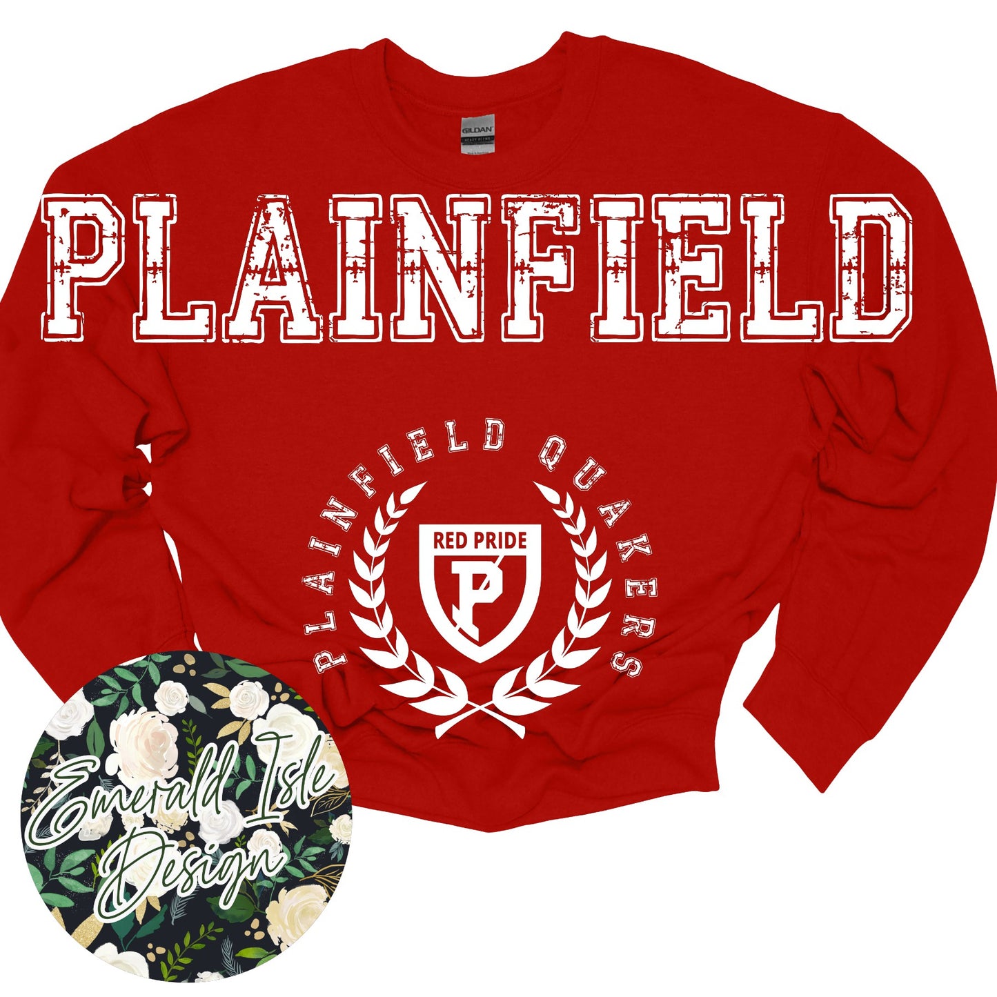 Plainfield Quakers Oversized Horizontal Design on Crewneck Sweatshirt