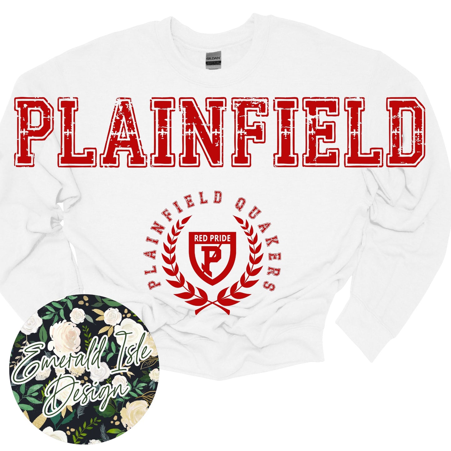 Plainfield Quakers Oversized Horizontal Design on Crewneck Sweatshirt