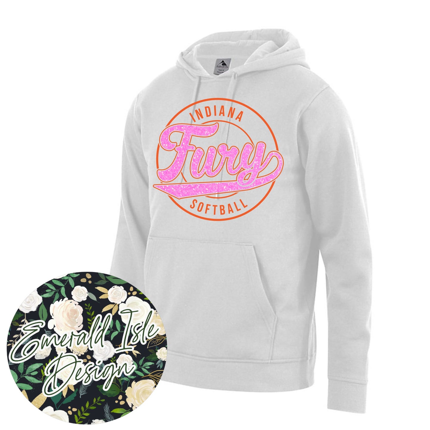 Indiana Fury Softball Retro Circle Design with Option of Glitter or Metallic Puff On Augusta Performance Apparel