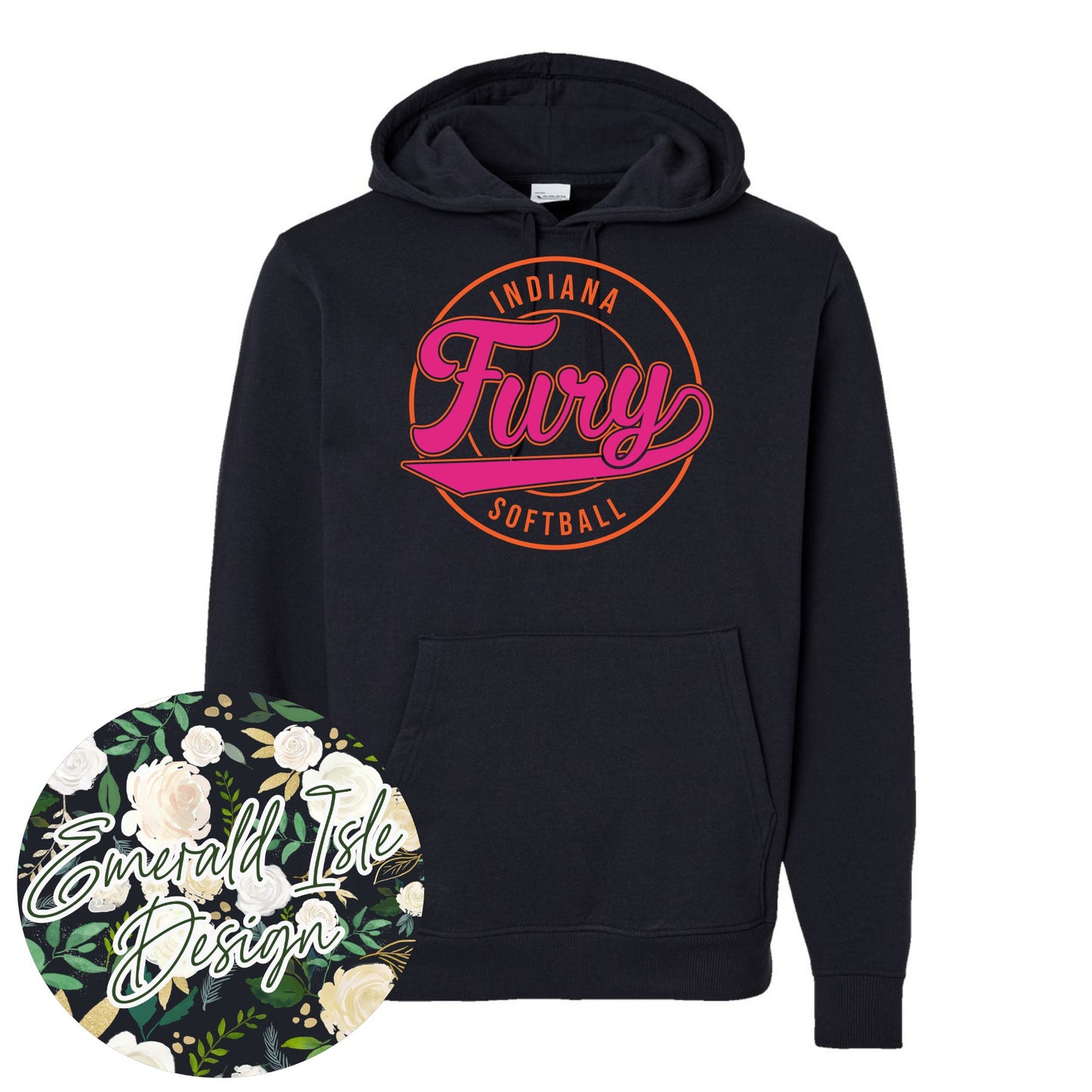 Indiana Fury Softball Retro Circle Design with Option of Glitter or Metallic Puff On Augusta Performance Apparel