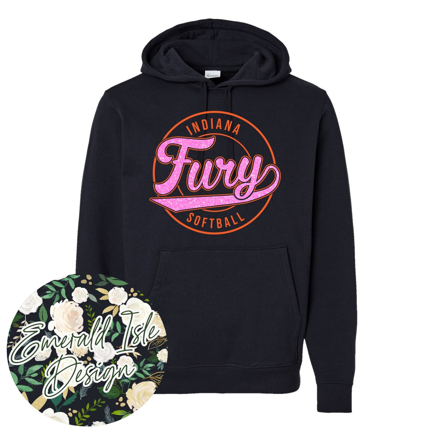 Indiana Fury Softball Retro Circle Design with Option of Glitter or Metallic Puff On Augusta Performance Apparel