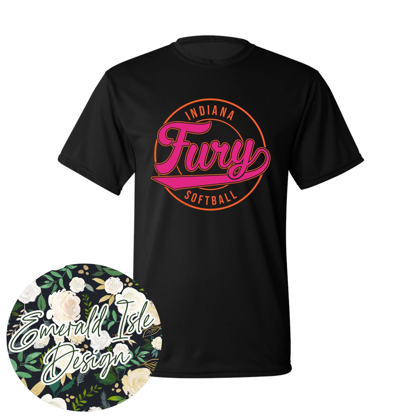 Indiana Fury Softball Retro Circle Design with Option of Glitter or Metallic Puff On Augusta Performance Apparel