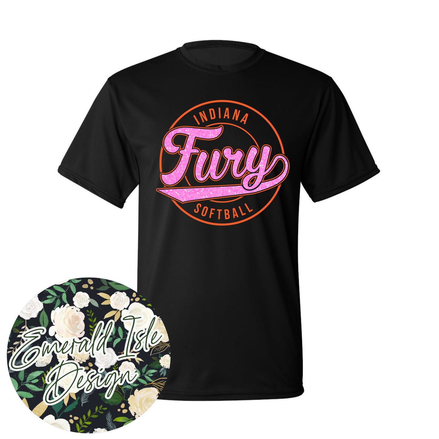 Indiana Fury Softball Retro Circle Design with Option of Glitter or Metallic Puff On Augusta Performance Apparel