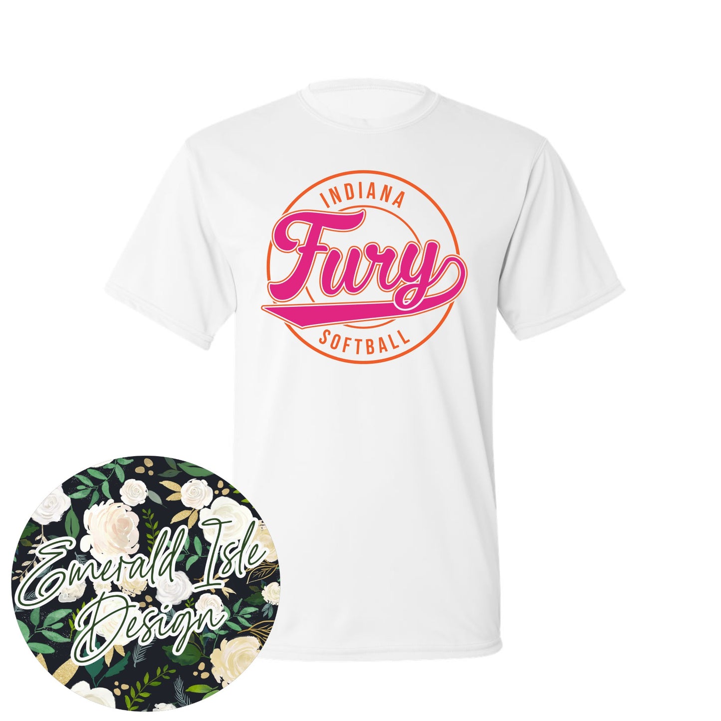 Indiana Fury Softball Retro Circle Design with Option of Glitter or Metallic Puff On Augusta Performance Apparel