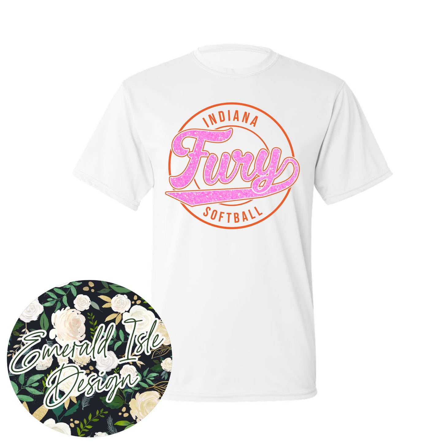 Indiana Fury Softball Retro Circle Design with Option of Glitter or Metallic Puff On Augusta Performance Apparel