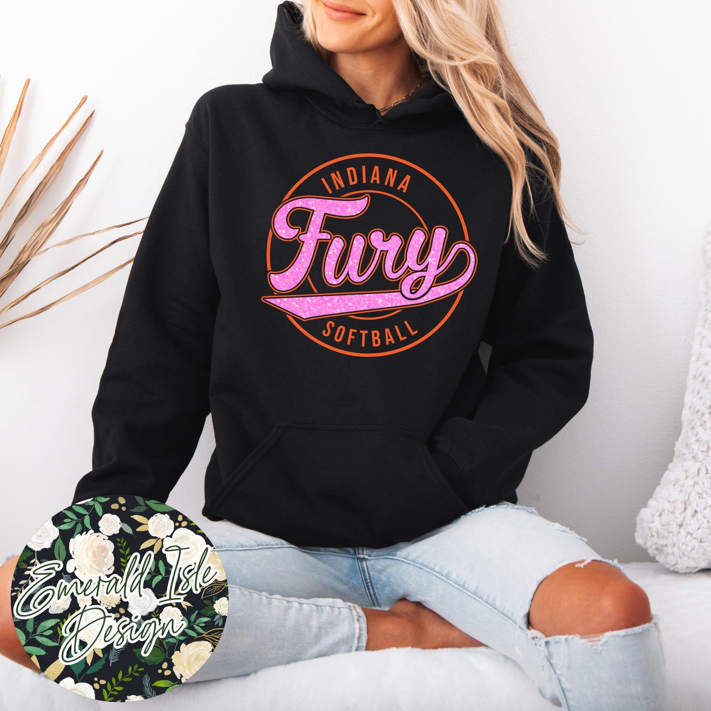 Indiana Fury Softball Retro Circle Design with Option of Glitter or Metallic Puff Design On Gildan Unisex Apparel