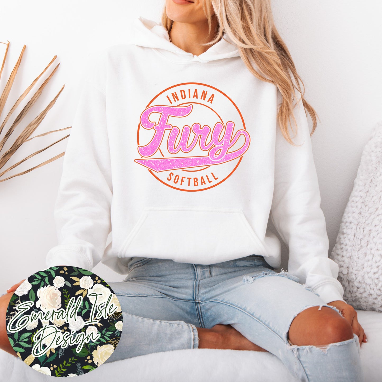 Indiana Fury Softball Retro Circle Design with Option of Glitter or Metallic Puff Design On Gildan Unisex Apparel